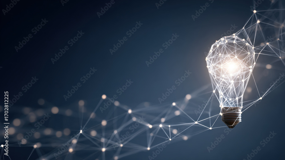 Poster glowing light bulb made of interconnected lines and nodes symbolizes innovation and creativity. abst