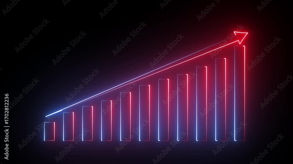 Aufkleber neon bar chart with upward arrow transitioning colors on black background graph growth
