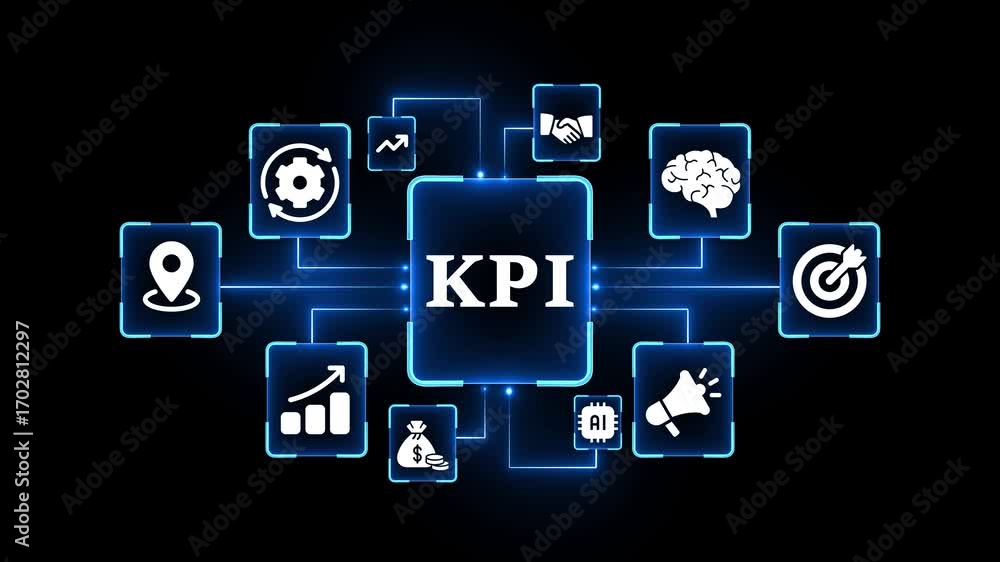 Poster kpi acronym in central square connected to business icons in a digital network on dark background ke