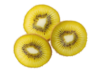 Three slices of golden kiwi, displaying the vibrant yellow flesh and small, dark seeds clustered around a white core
