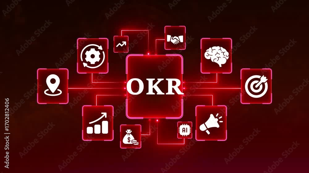 Poster objectives and key results okr concept with interconnected icons and glowing red lines on dark backg