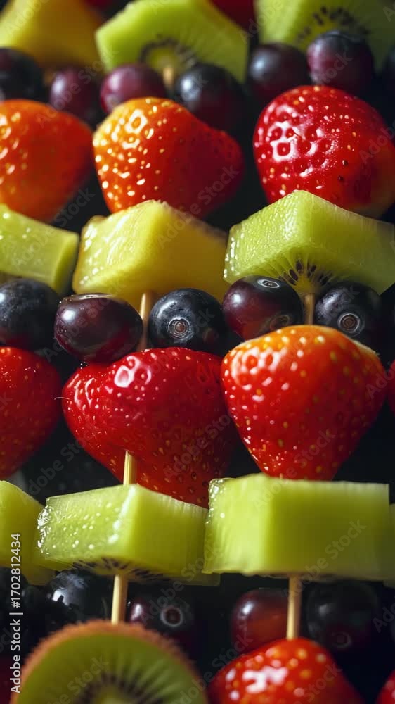 Poster an assortment of colorful fruits arranged on skewers, making a vibrant and appetizing display.
