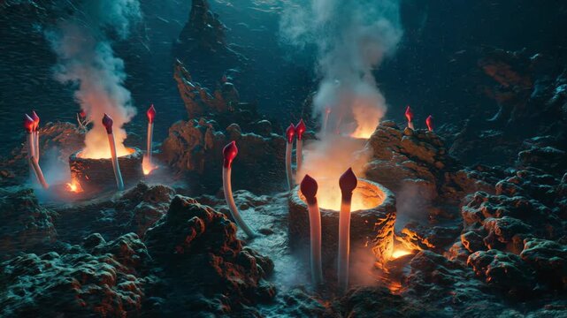 A mesmerizing underwater scene Mystical cauldrons ablaze, casting an ethereal glow amidst the serene, shadowy depths of the ocean, captivating viewers with their enigmatic allure