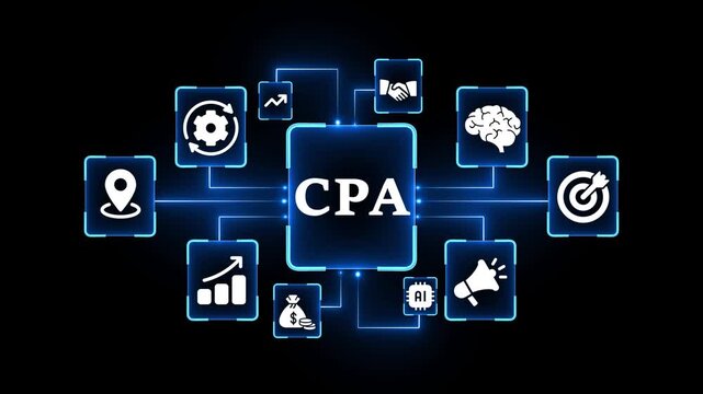 Cost Per Acquisition CPA Digital Marketing Concept with Icons and Glowing Lines on Black Background Keywords: CPA, Cost Per Acquisition, digital marketing, online