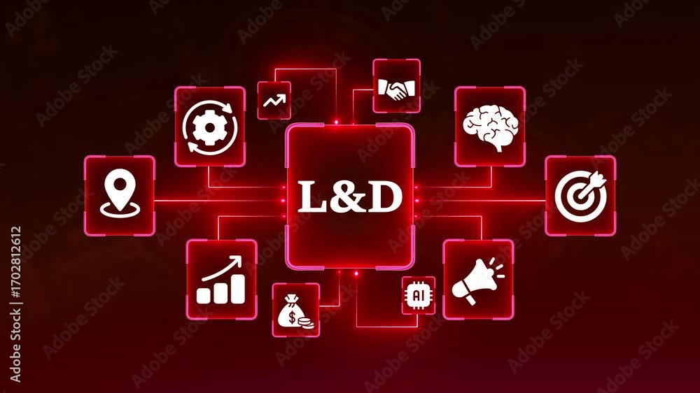 Poster l& d learning and development concept with interconnected icons on a dark red background education t