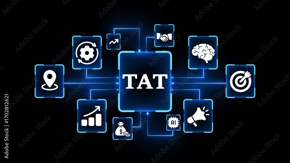 Poster tat turnaround time concept with interconnected icons on a black background efficiency speed