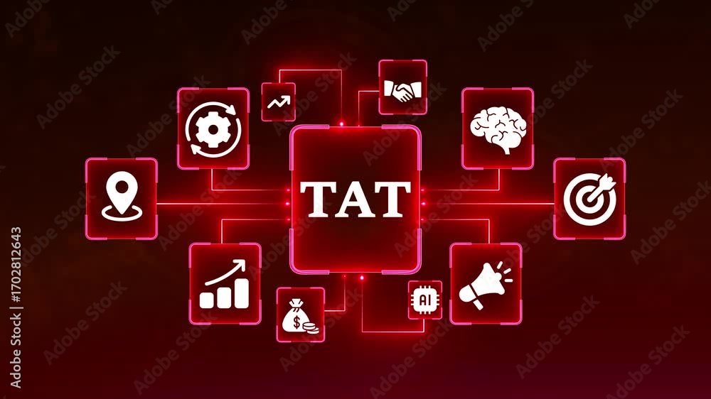 Poster tat turnaround time concept with interconnected icons on a dark red background efficiency speed