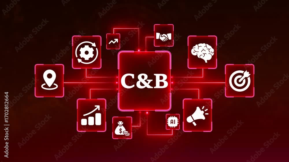 Poster c& b business concept network diagram with icons and red neon lights on dark red background image ph