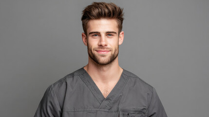 Confident male healthcare professional wearing gray scrub top smiles warmly camera, showcasing friendly demeanor. His well groomed appearance and approachable expression convey professionalism