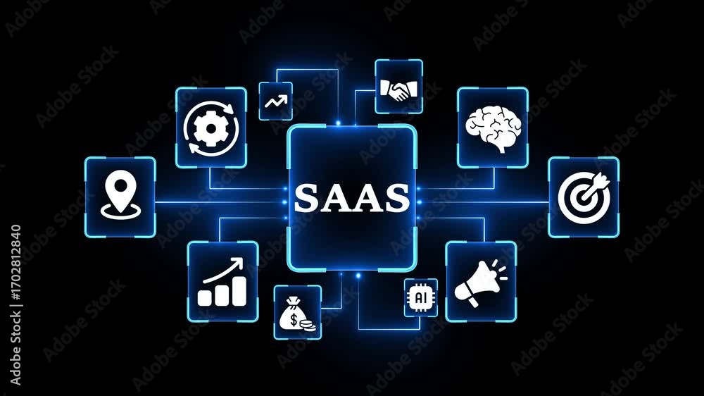 Aufkleber software as a service sas concept with interconnected icons and glowing blue lines on a black backgr
