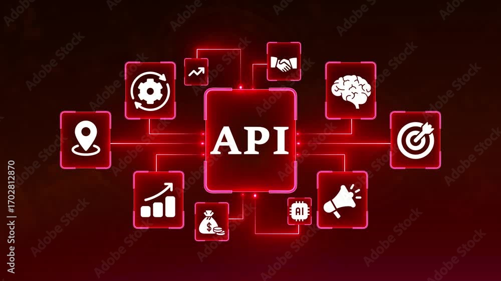 Poster api concept with connected icons representing business processes and technology on a dark red backgr