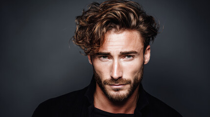 Obraz premium Stylish male portrait with curly hair and well groomed beard, showcasing confident expression against dark background