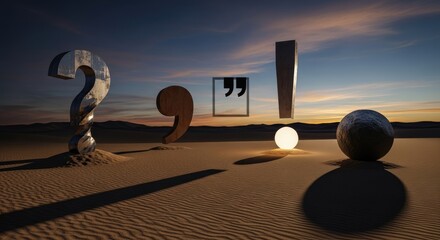 Obraz na płótnie Canvas Punctuation symbols rise from desert sands at sunset. Question, comma, quotation, exclamation marks cast long shadows. Glowing sphere highlights writing grammar value and communication clarity.