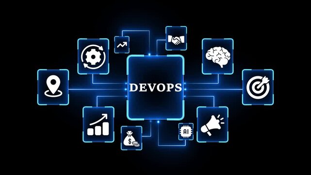 Dev Ops Concept with Icons of Brain, Gears, Money Bag, and Growth Chart on Black Background devops technology