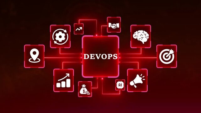 Dev Ops Concept with Icons of Brain, Gears, Money Bag, and Growth Chart on Dark Red Background devops