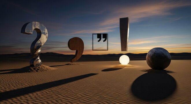 Punctuation symbols rise from desert sands at sunset. Question, comma, quotation, exclamation marks cast long shadows. Glowing sphere highlights writing grammar value and communication clarity.