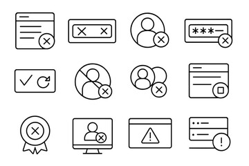 User Registration Rejections. Line style icons of user registration rejections: failed sign-up form, red cross email input,