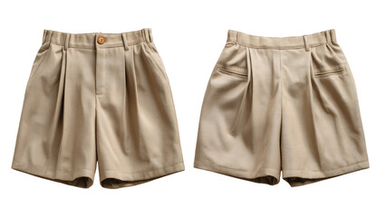 Beige pleated shorts, front and back views, on a plain background