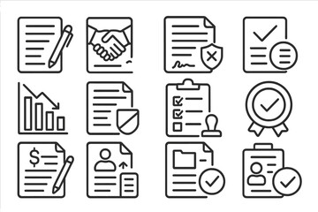 Termination Agreement Icons. Line style icons of termination agreements: resignation agreement form, mutual termination paper, end