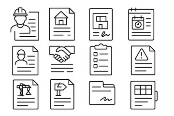 Construction Contract Icons. Line style icons of construction contracts: contractor agreement file, building permit form,