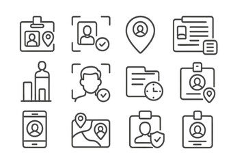 People Tracking Icons. Line style icons of people tracking systems: ID badge with location, attendance scan icon, staff location
