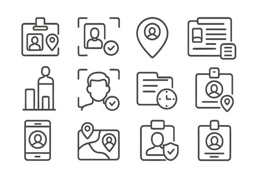People Tracking Icons. Line style icons of people tracking systems: ID badge with location, attendance scan icon, staff location