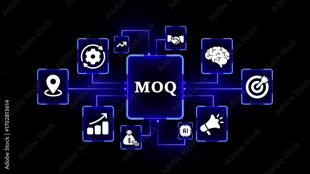 Poster minimum order quantity moq concept with interconnected icons on a black background business commerce