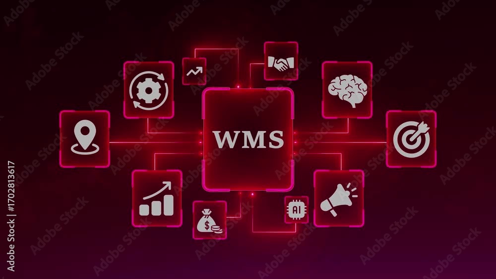 Poster warehouse management system wms concept with interconnected icons on a dark red background logistics