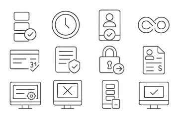 Subscription Icons Collection. Line style icons of subscription purchases: plan tiers icon, trial period badge, account activation