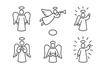 Fototapeta premium Easter Angels Icons. Line style icons of Easter angels and messengers: standing angel, flying angel, trumpet angel, praying angel;
