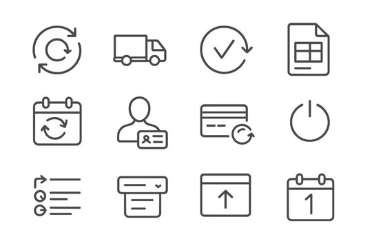 Subscription Order Icons. Line style icons of subscription orders: recurring order icon, monthly item delivery, auto-renewal badge