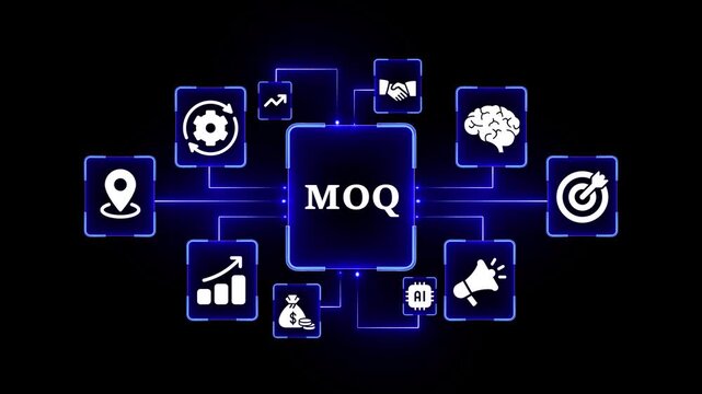 Minimum Order Quantity MOQ concept with interconnected icons on a black background business commerce