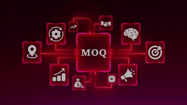 Minimum Order Quantity MOQ concept with interconnected icons on a dark red background business commerce