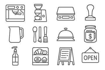 Coffee Shop Essentials. Line style icons of coffee shop elements: espresso machine, grinder, coffee scale, tamper; milk frother,