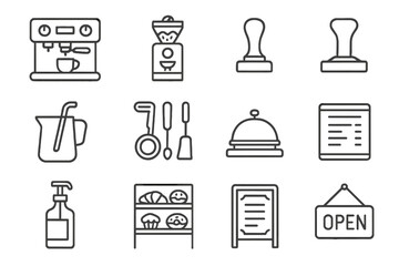 Coffee Shop Essentials. Line style icons of coffee shop elements: espresso machine, grinder, coffee scale, tamper; milk frother,