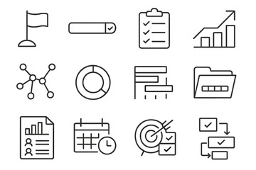 Project Tracking Icons. Line style icons of project tracking: milestone flag, completed step bar, checklist on clipboard, progress