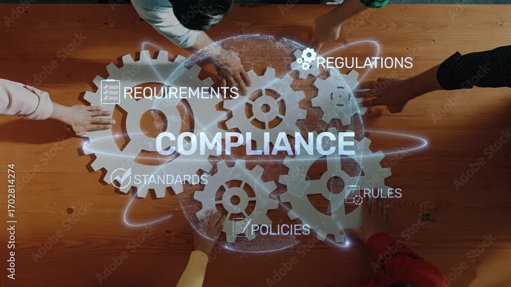 Poster engaging image showcasing multiple hands interacting with a digital representation of compliance ele