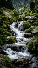 Fototapeta premium Awesome photo of mountain stream with multiple small waterfalls and rocks.