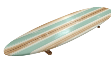 Vintage-style surfboard, light tan and mint green stripes
