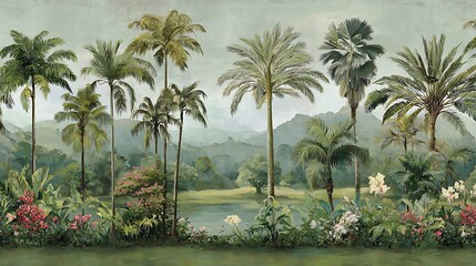 Awesome photo of lush tropical jungle landscape with palm trees and mountains.