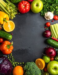 Colorful fruits and vegetables arranged in a circle