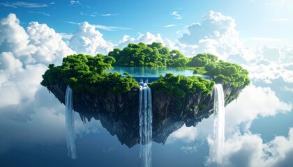 Floating island with waterfalls in the sky