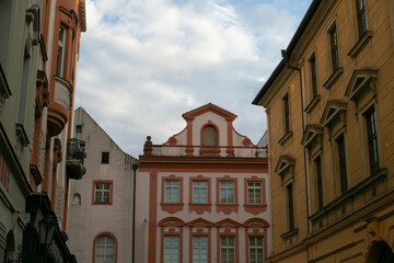 Facade of a historic building. Cultural heritage and architectural detail in an urban environment. 
