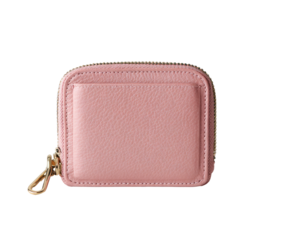Small, square, pink leather zip-around wallet