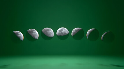 A sequence of moon phases against a green background, showing the lunar cycle.