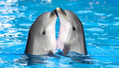 Fototapeta premium Two dolphins face to face in a pool of bright blue water