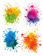 Four vibrant, colorful, abstract paint splatter patterns, arranged in a grid.  Each splatter is a unique blend of multiple hues, radiating outward from a central point