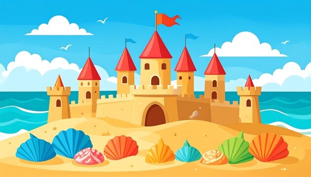 Colorful sandcastle on beach with seashells
