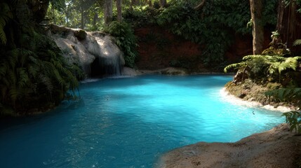 Naklejka premium Serene Natural Pool with Crystal Clear Water in Lush Green Forest
