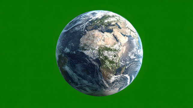 A realistic 3D render of planet Earth floating against a vibrant green background, showcasing continents and oceans.